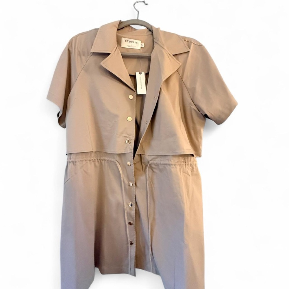 NWT Anthropologie EXQUISE SHORT-SLEEVE TWOFER MINI DRESS Medium brown safari - Picture 2 of 6